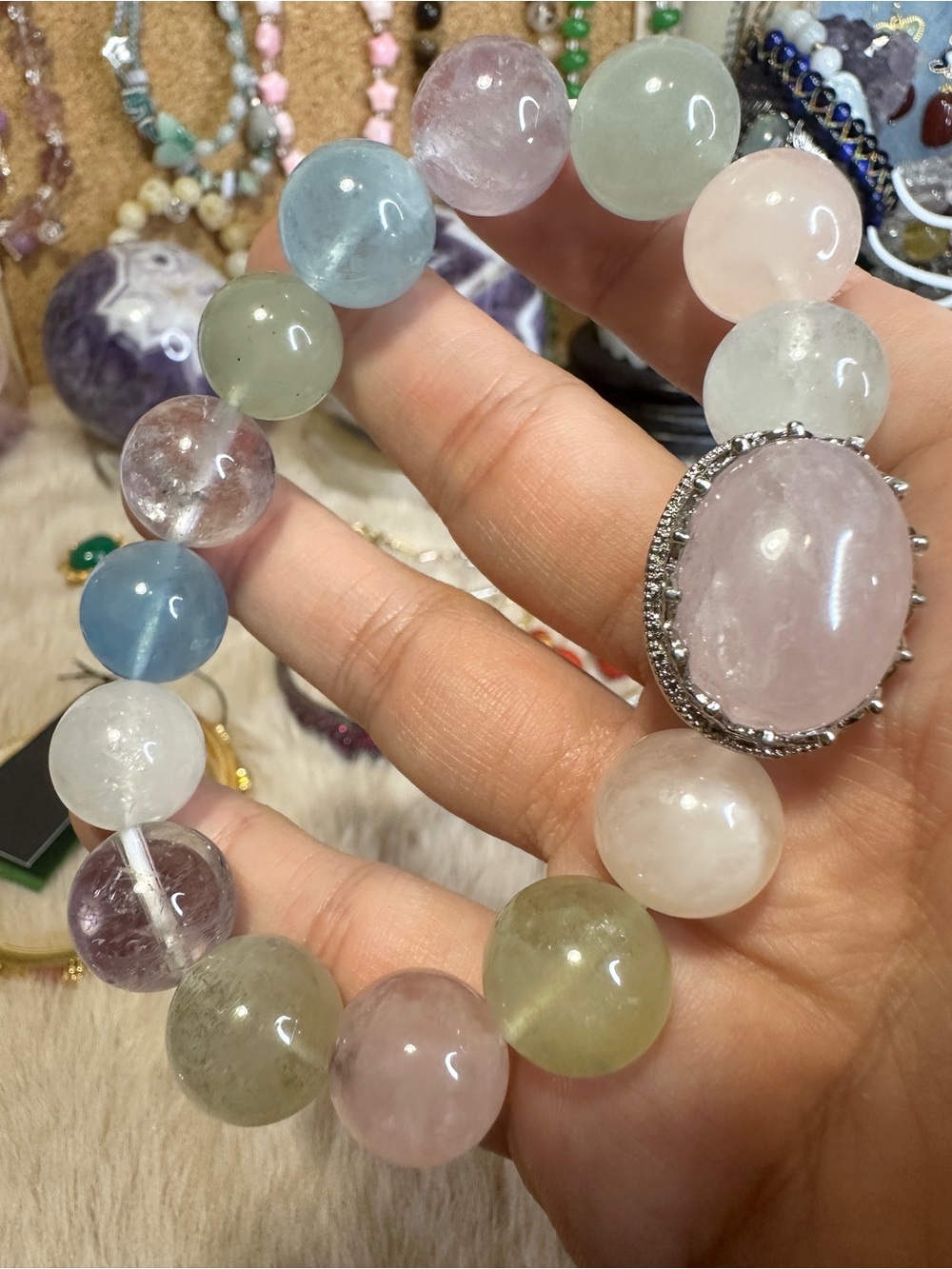 7 inch Rose Quartz Morgan Stone Amethyst Beaded Bracelet 13.1-14.4 mm